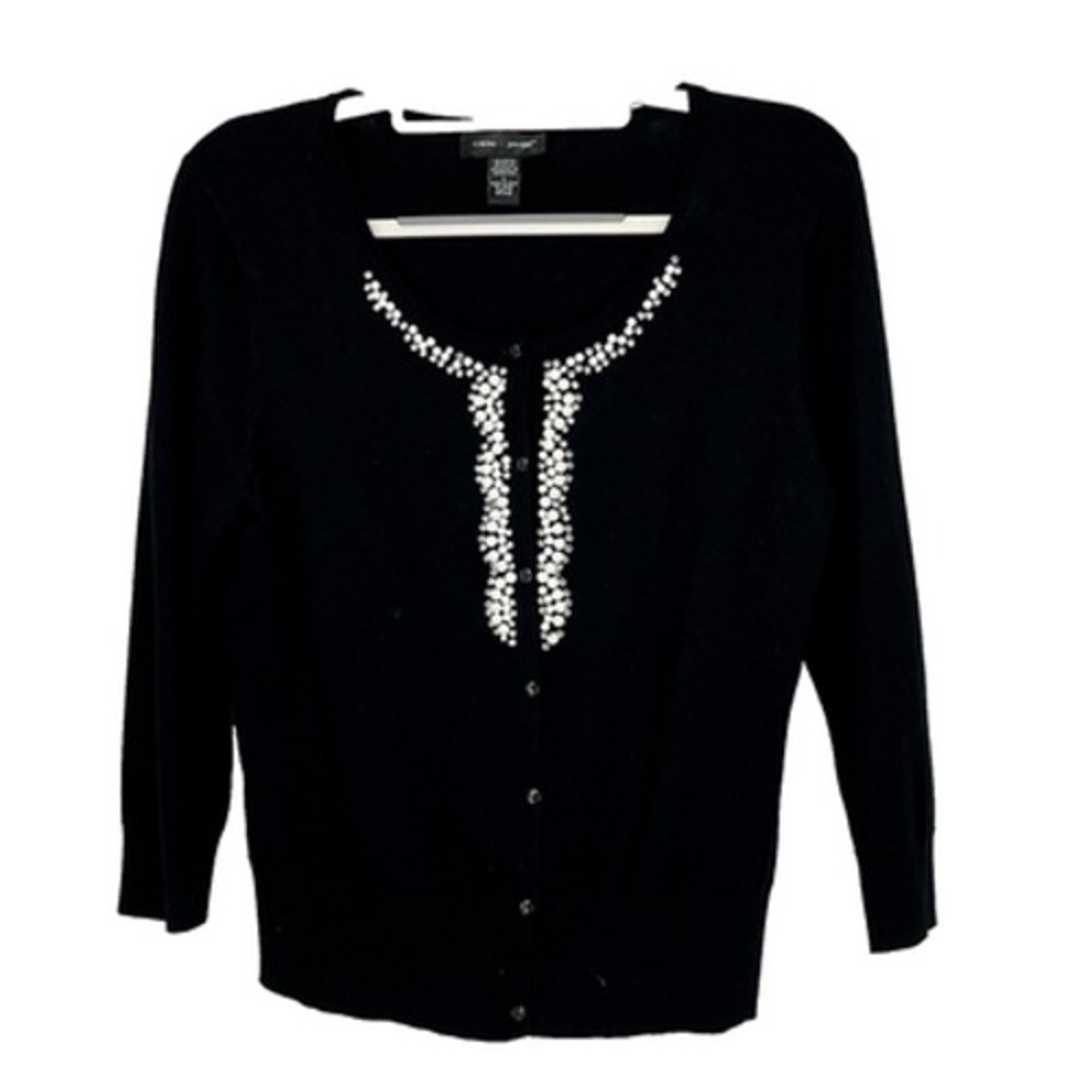 Cable & Gauge Cardigan Women Large Black Sweater Pearl Bling Holiday Party Class